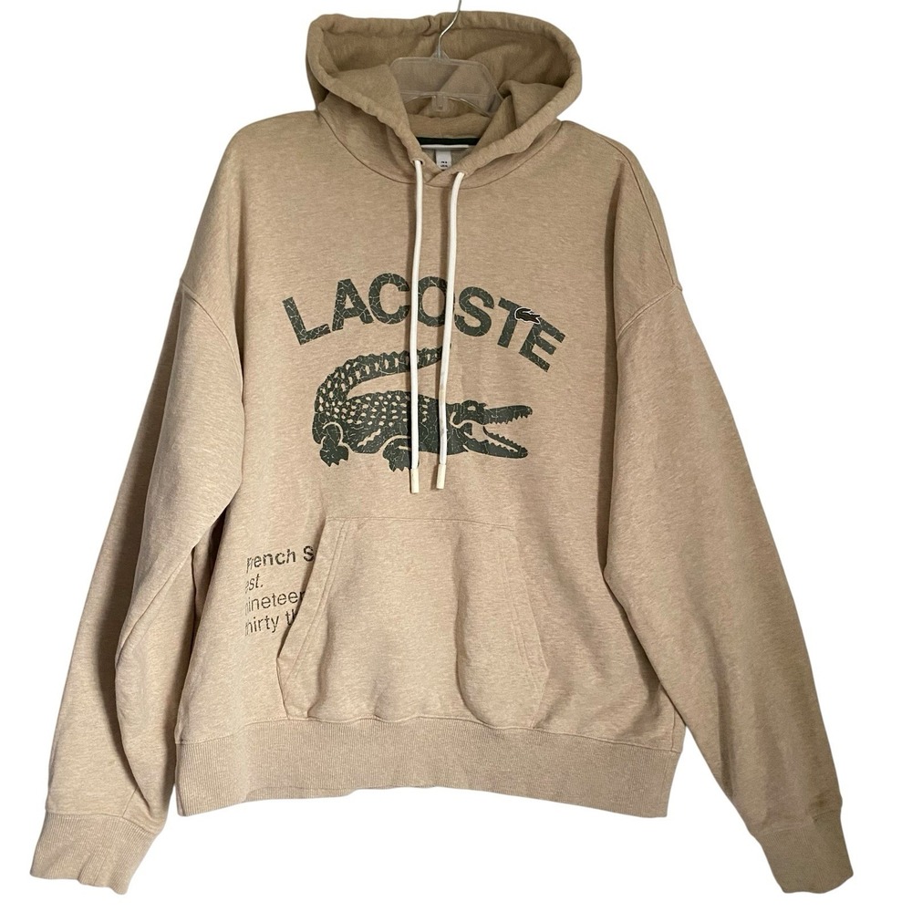 Lacoste Hoodie Loose Fit Men Size XL Beige Logo Relaxed Cotton